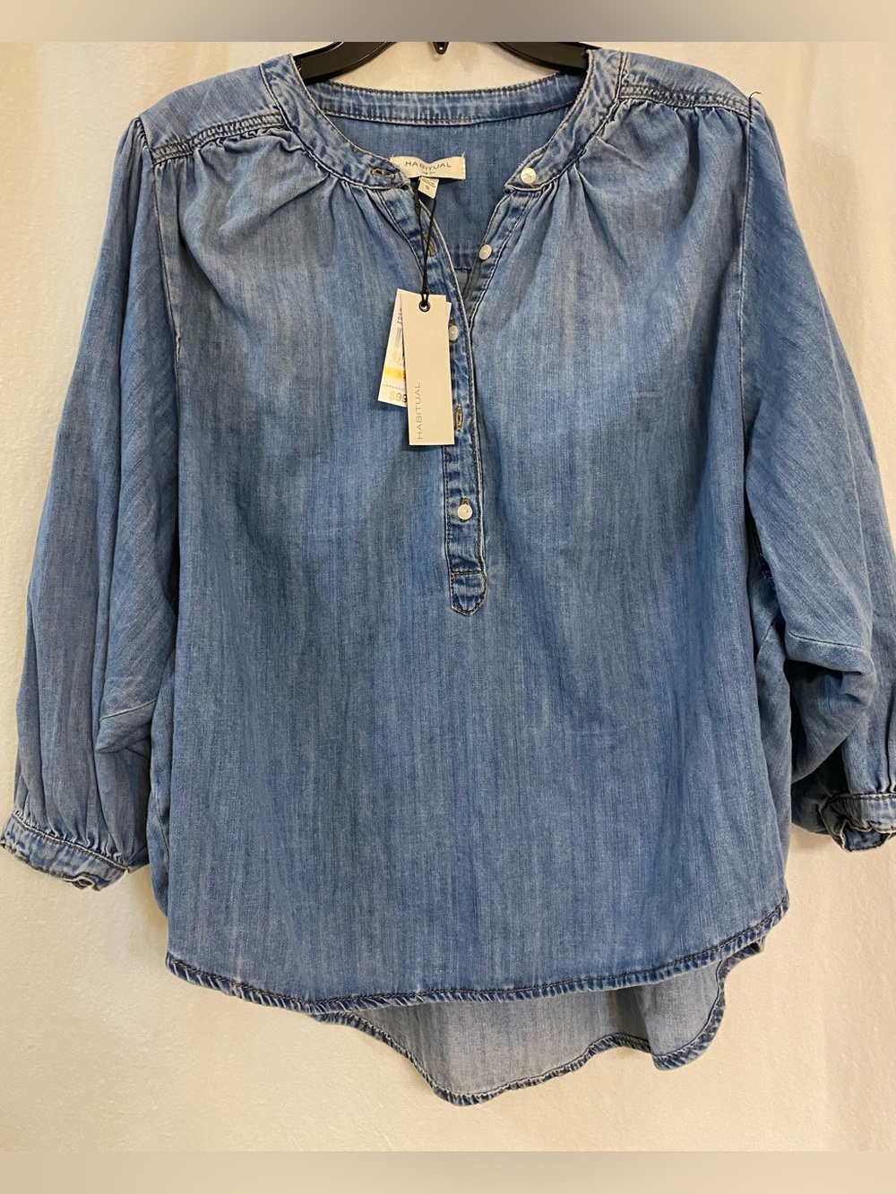Habitual Long Sleeve Jean Shirt. 100% Cotton. NWT. Button at cuff & down front.